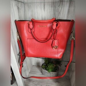 Michael Kors Red Saffiano Leather Tote Tangerine Color Bag, 10"H * 12" W
